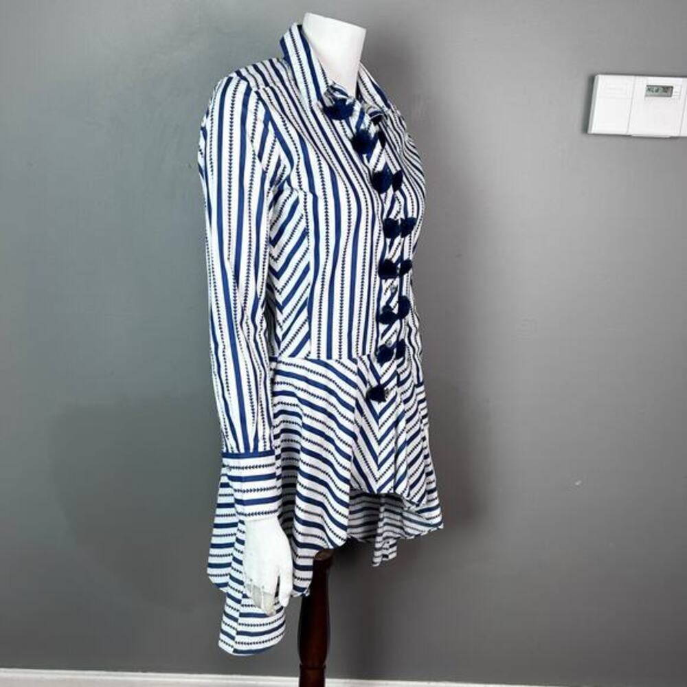 Figue top blouse XS button up poplin tassel stripe blue white office Luxury